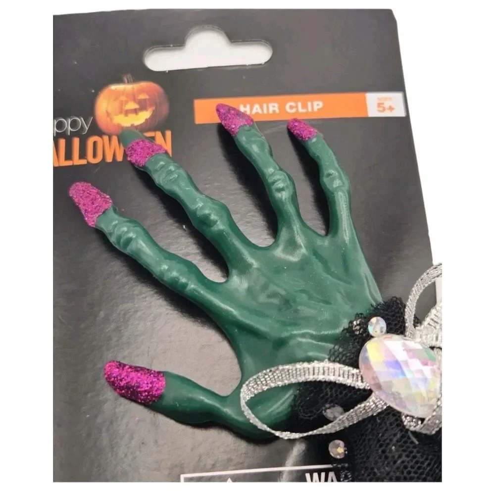 Happy Halloween Creepy Witch Hand Hair Clip Green Sequin Bow Costume Accessory